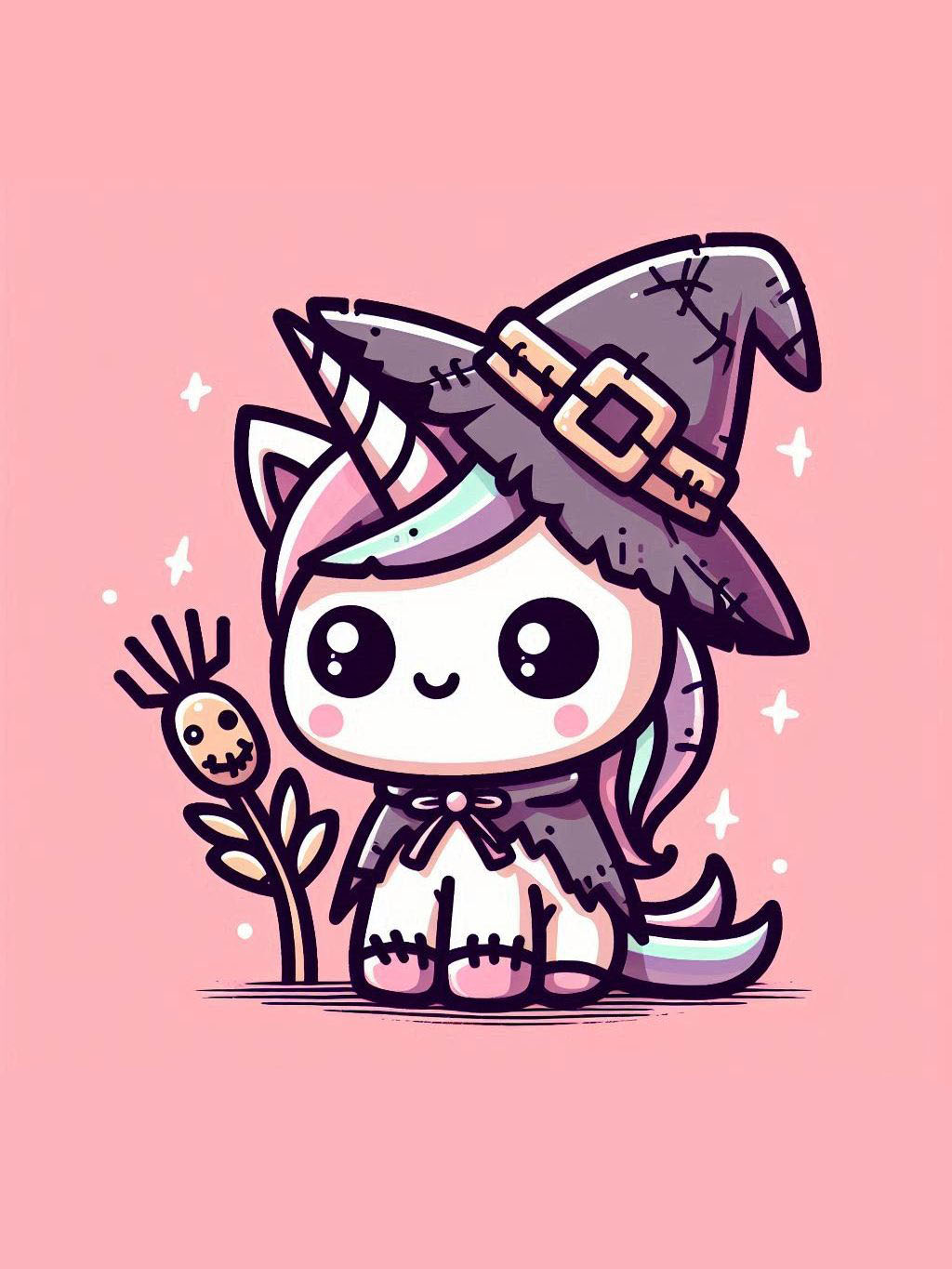 halloween unicorn illustration ideas featuring a cute unicorn dressed as a witch with a little scarecrow companion on a light pink background.